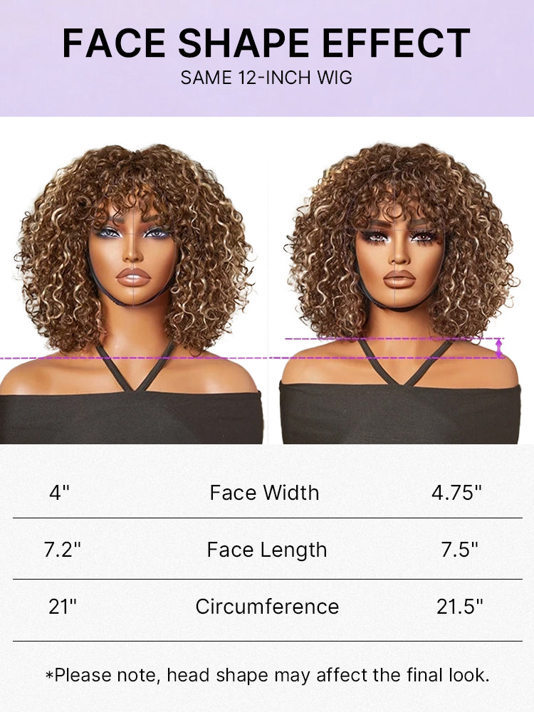 Beginner Friendly Water Wave Minimalist Lace Glueless Short Curly Wig with Bangs