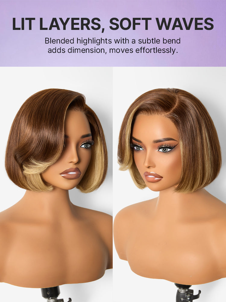 All-Day Comfort Honey Blonde Face-Framing Highlights Blow Out Layered Cut Glueless 5x5 Closure Lace Bob Wig Pre-cut Lace