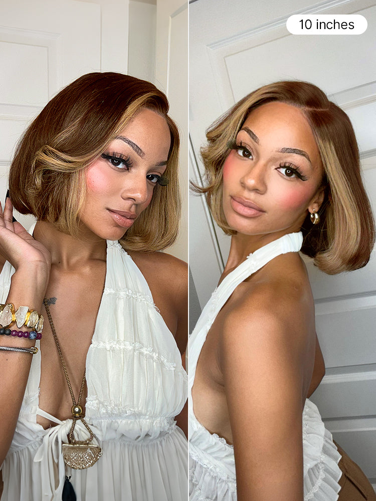 All-Day Comfort Honey Blonde Face-Framing Highlights Blow Out Layered Cut Glueless 5x5 Closure Lace Bob Wig Pre-cut Lace