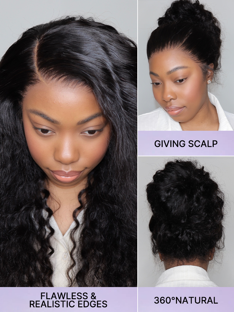 Water Wave 360 Lace Flexi-Fit Invisi Drawstring Cap Long Wig 100% Human Hair Pre-bleached & Pre-plucked & Pre-Cut Lace