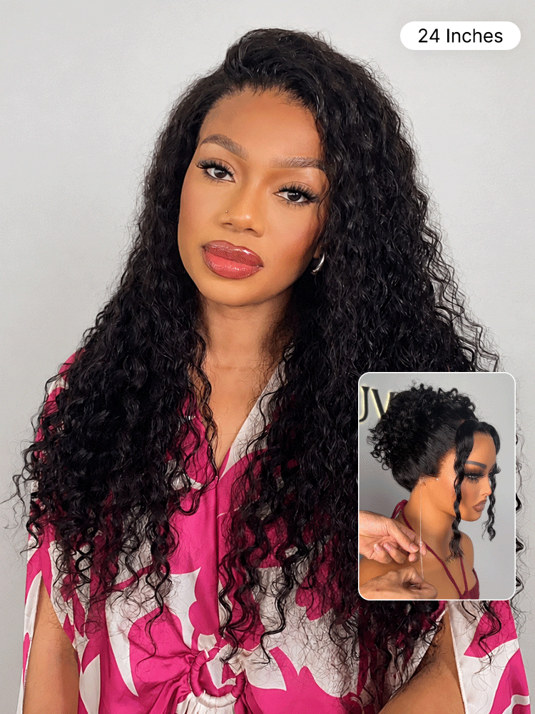 Water Wave 360 Lace Flexi-Fit Invisi Drawstring Cap Long Wig 100% Human Hair Pre-bleached & Pre-plucked & Pre-Cut Lace