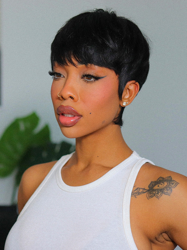 Throw On & Go Short Cut with Bangs Wig Ultra Comfort Skin-Like Soft Care Glueless Wig Hair Loss Friendly