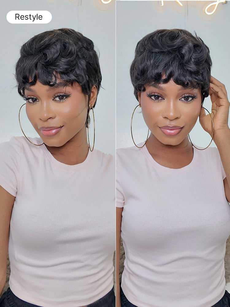 Throw On & Go Short Cut with Bangs Wig Ultra Comfort Skin-Like Soft Care Glueless Wig Hair Loss Friendly