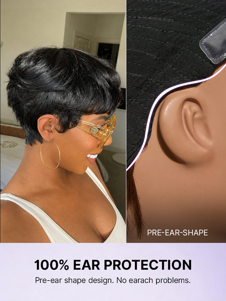 Throw On & Go Short Cut with Bangs Wig Ultra Comfort Skin-Like Soft Care Glueless Wig Hair Loss Friendly