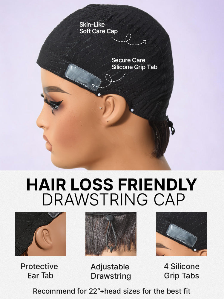 Throw On & Go Short Cut with Bangs Wig Ultra Comfort Skin-Like Soft Care Glueless Wig Hair Loss Friendly