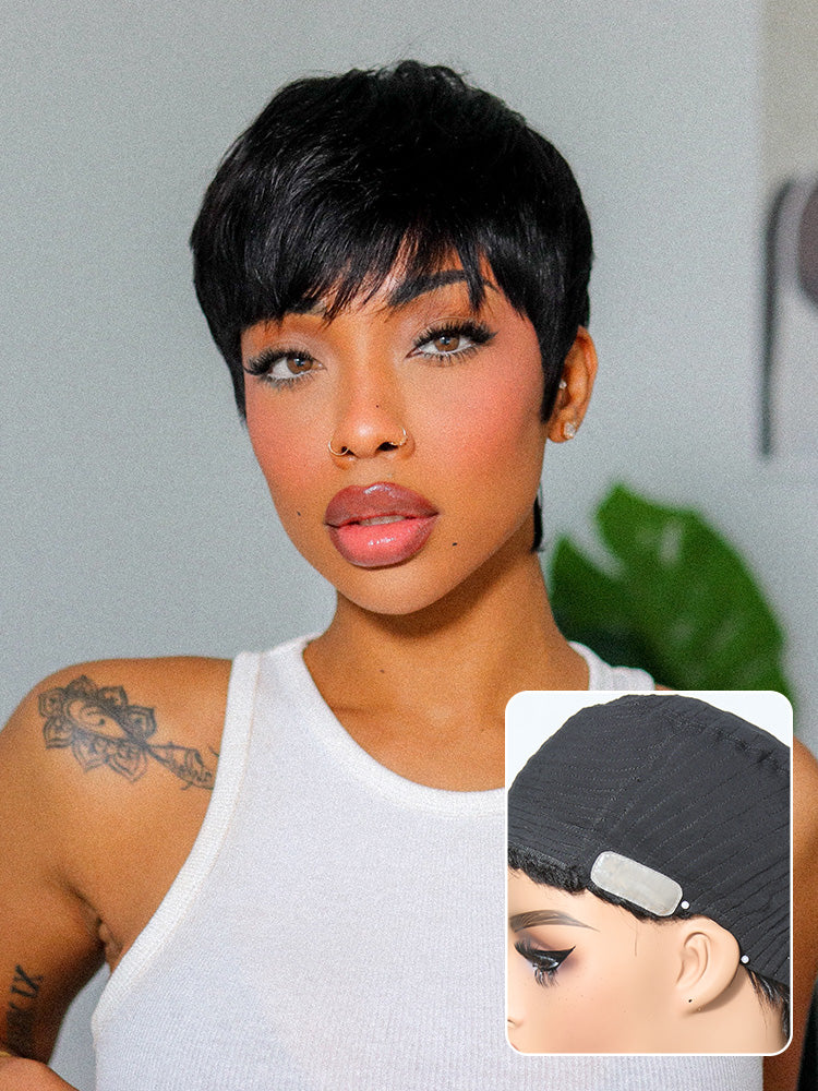 Throw On & Go Short Cut with Bangs Wig Ultra Comfort Skin-Like Soft Care Glueless Wig Hair Loss Friendly