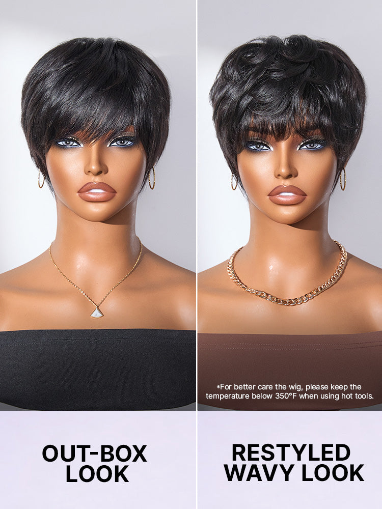 Throw On & Go Short Cut with Bangs Wig Ultra Comfort Skin-Like Soft Care Glueless Wig Hair Loss Friendly