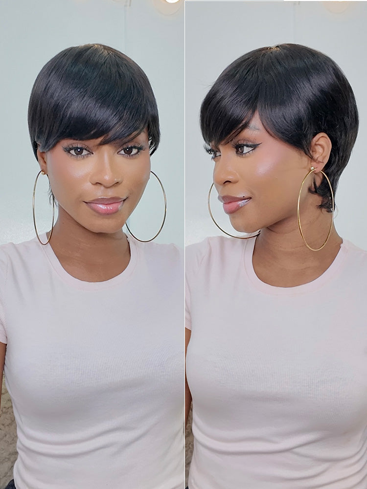 Throw On & Go Short Cut with Bangs Wig Ultra Comfort Skin-Like Soft Care Glueless Wig Hair Loss Friendly