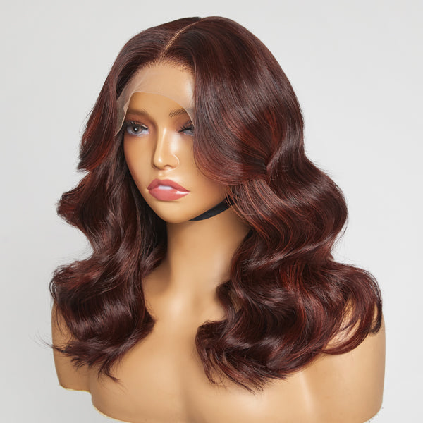 Copper Red Highlight Loose Wave 5x5 Closure Lace Glueless Mid Part Long Wig 100% Human Hair