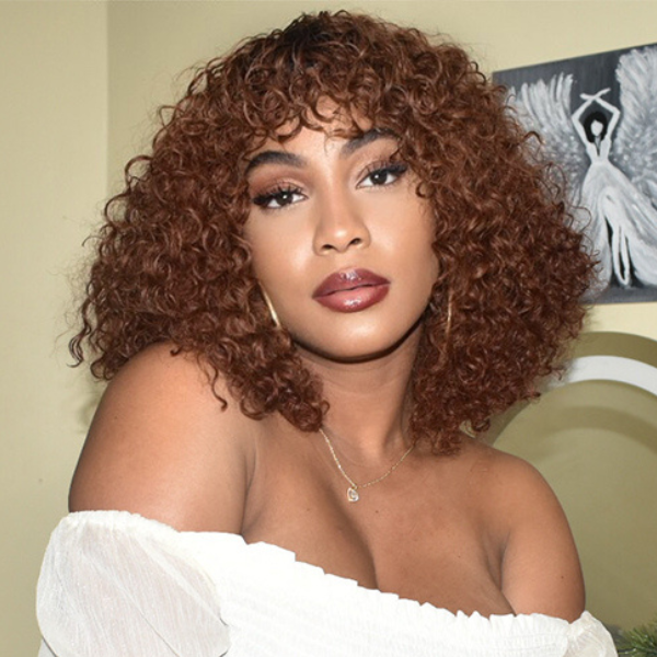 Glueless Ombre Brown Summer Hair Deep Wave Wig With Cute Bangs 100% Human Hair - US Only