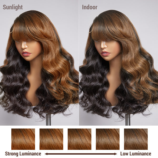 Brown Mix Black / Natural Black C Part Glueless Loose Wave 5x5 Closure Wig with Bangs - US Only