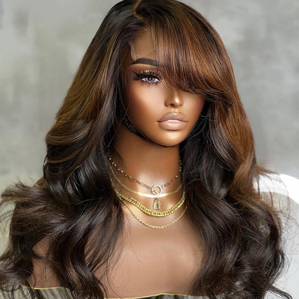Brown Mix Black / Natural Black C Part Glueless Loose Wave 5x5 Closure Wig with Bangs - US Only