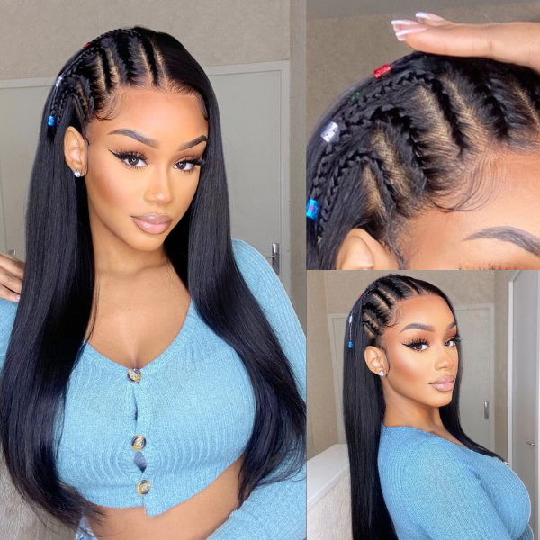 PreMax Wigs | 200% Density Natural Black Left Side Braids Straight 13x4 Frontal HD Lace Long Wig  - US Only