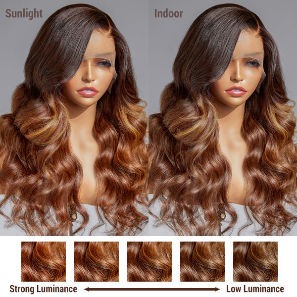 Amanda Honey Brown Highlight Glueless 13x4 Frontal Lace Side Part Long Wig | Large & Small Cap Size
