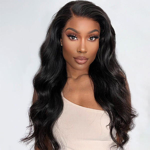 Natural Black Body Wave 13x4 Frontal HD Lace Glueless Side Part Long Wig 100% Human Hair